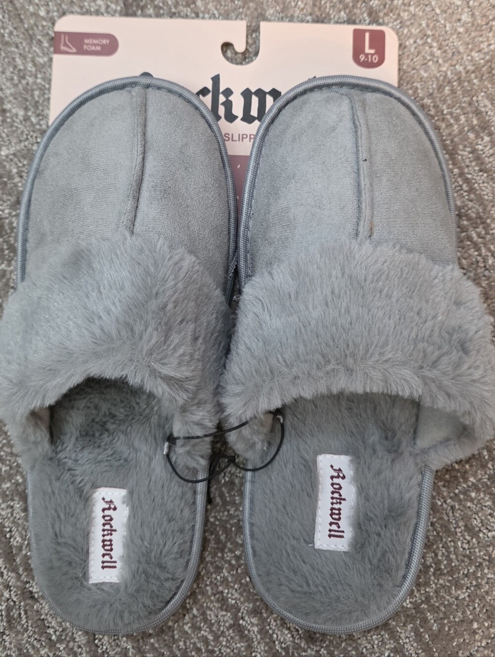Rockwell Faux Fur Memory Foam Slippers Gray Cozy Warm Lounge Plush Large 9-10